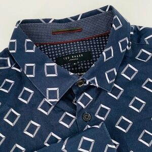 Ted Baker Shirt Mens 6/2XL Long Sleeve Button Up Shirt Navy Diamond Print